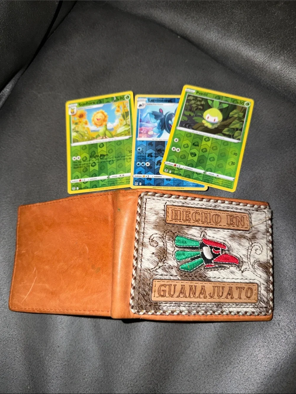 Handmade Guanajuato Leather Wallet - Brown and Tan with Pokemon cards